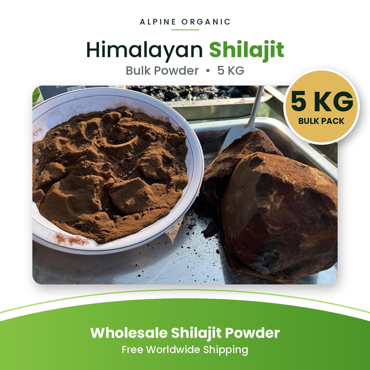 Shilajit powder in a bowl beside raw Shilajit