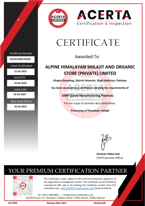ACI GMP Certificate - Alpine Himalayan Shilajit