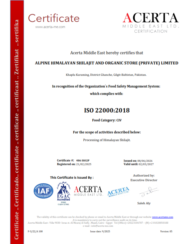 ISO 22000 Certificate - Alpine Organic Shilajit