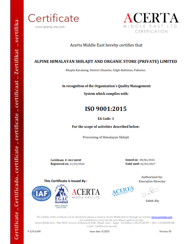 ISO 9001 Certificate - Alpine Organic Shilajit